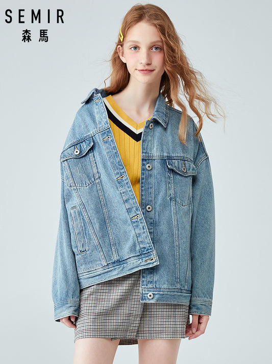 SEMIR Denim jacket women 2019 spring autumn new short jacket lapel retro tannin wind cotton loose cotton fashion coat woman