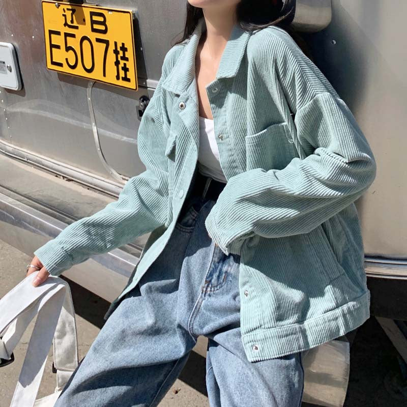 Spring 2020 New Korean Student Leisure Bf Loose Show Thin Polo Collar Jacket Corduroy Long Sleeve Coat Female