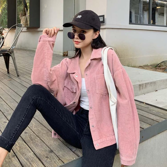 Spring 2020 New Korean Student Leisure Bf Loose Show Thin Polo Collar Jacket Corduroy Long Sleeve Coat Female